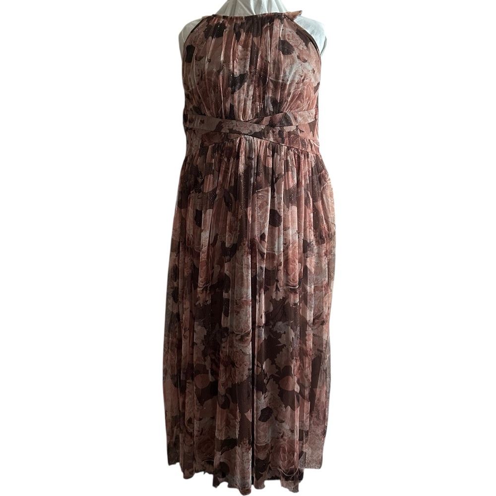 Candalite Womens Formal Dress Gold Roses Sparkling Sheer Sleeveless Size 2X